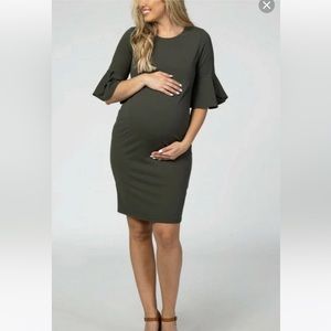Pinkblush olive green ruffled sleeve fitted maternity dress